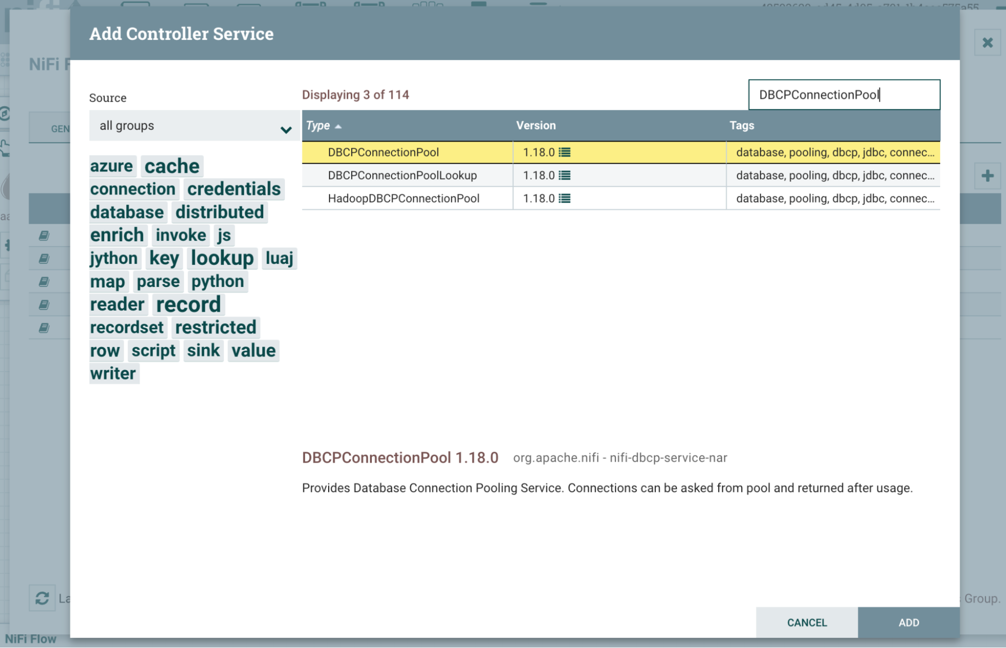 Controller Service selection dialog with DBCPConnectionPool highlighted - Zoomed