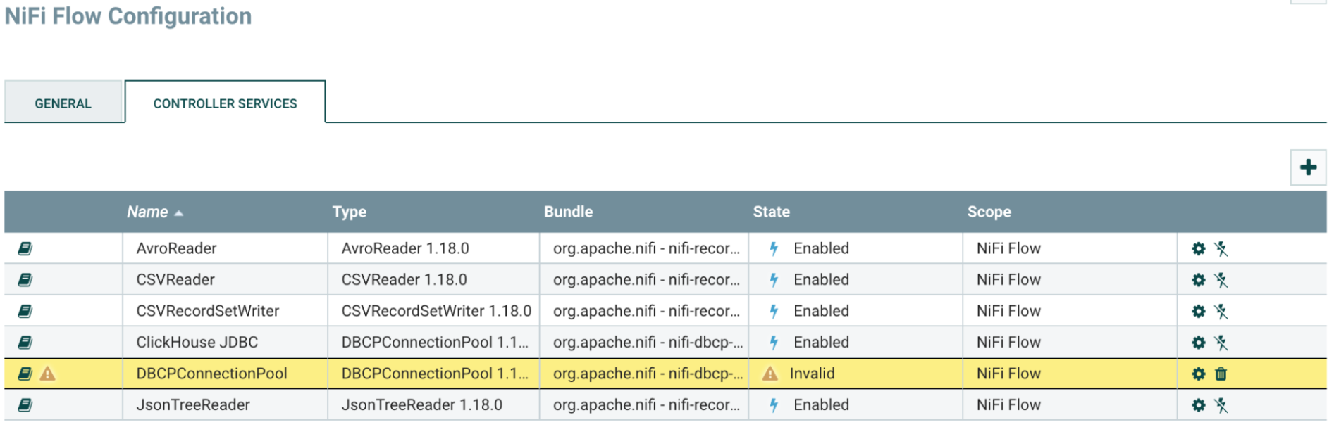 Controller Services list showing invalid DBCPConnectionPool with gear button highlighted - Zoomed