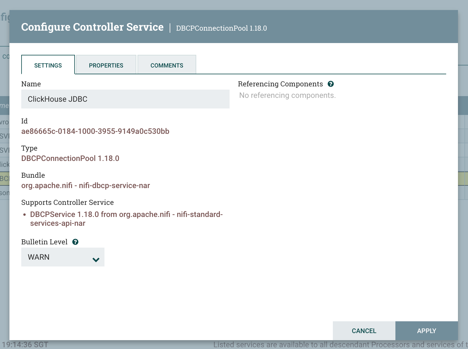 DBCPConnectionPool configuration dialog showing properties filled in - Zoomed