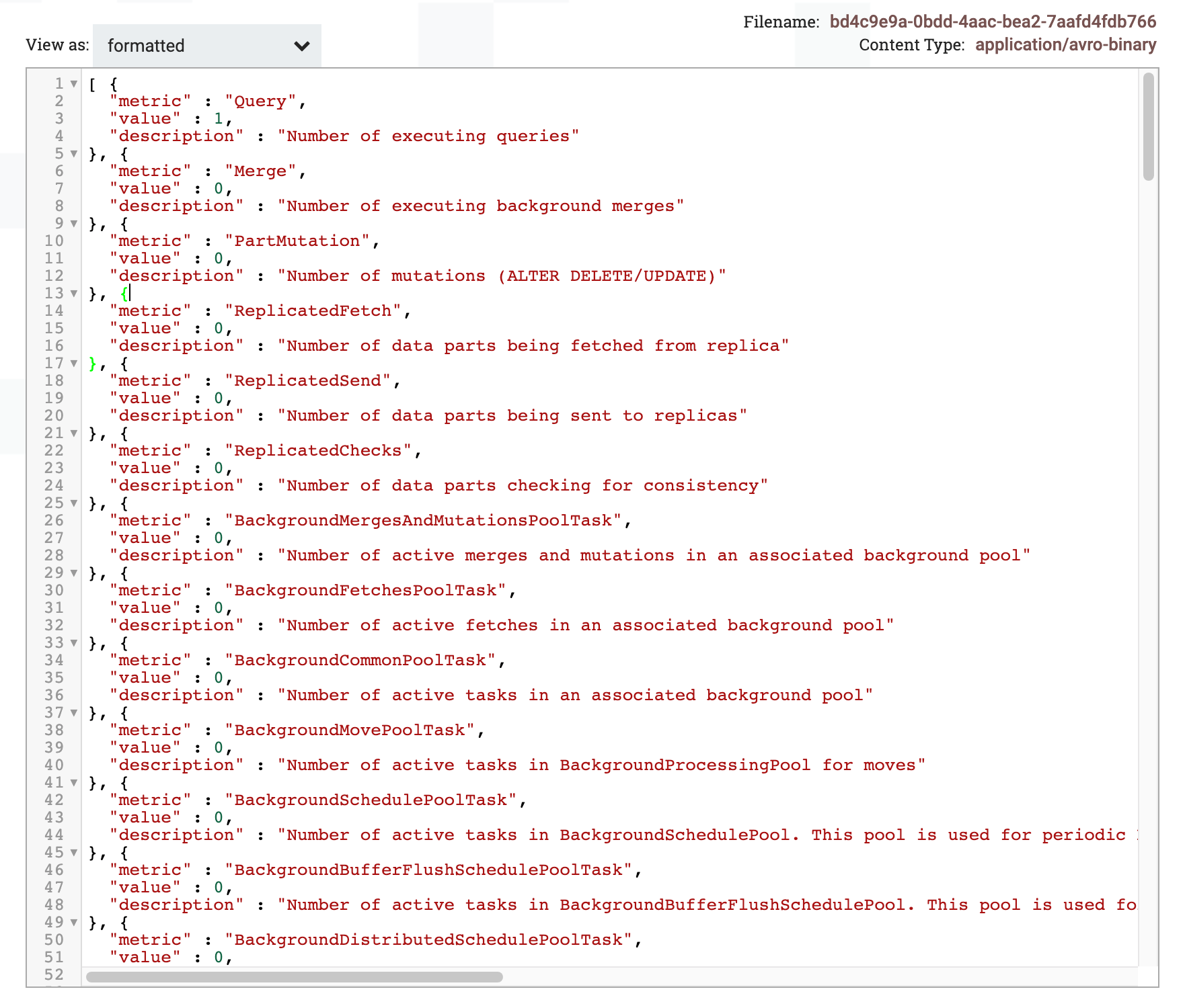 FlowFile content viewer showing query results in formatted view - Zoomed