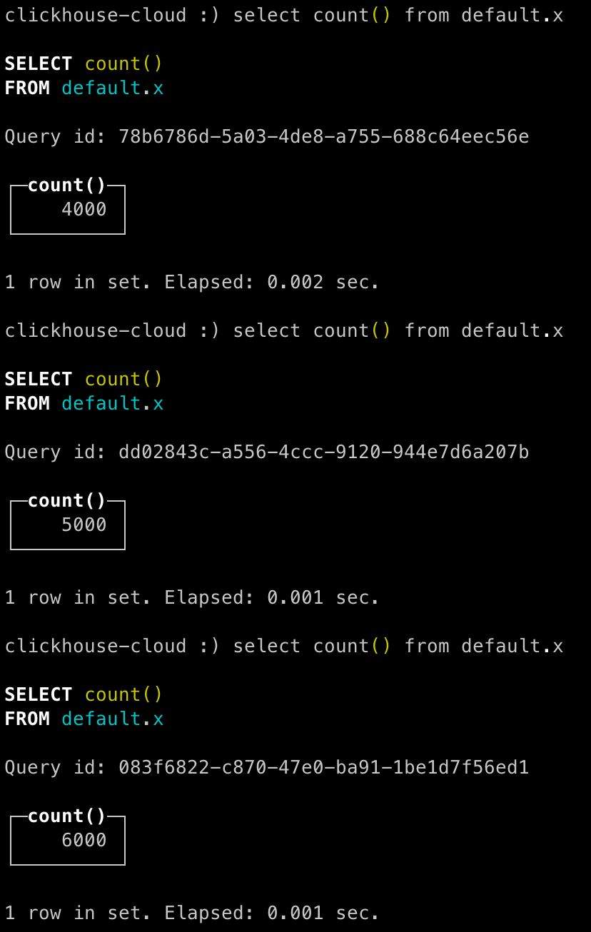 Query results showing row count in the destination table - Zoomed