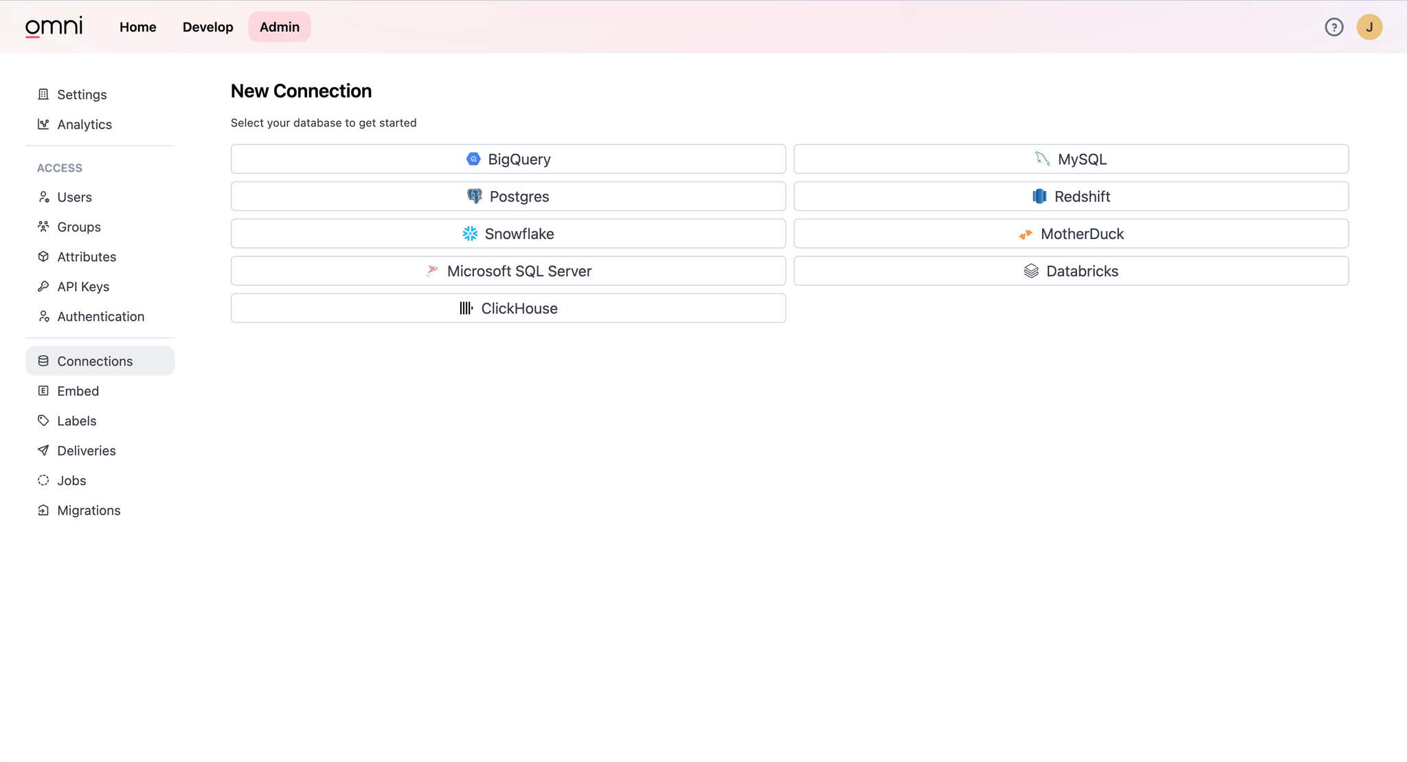 Omni admin interface showing the Add Connection button in the Connections section - Zoomed