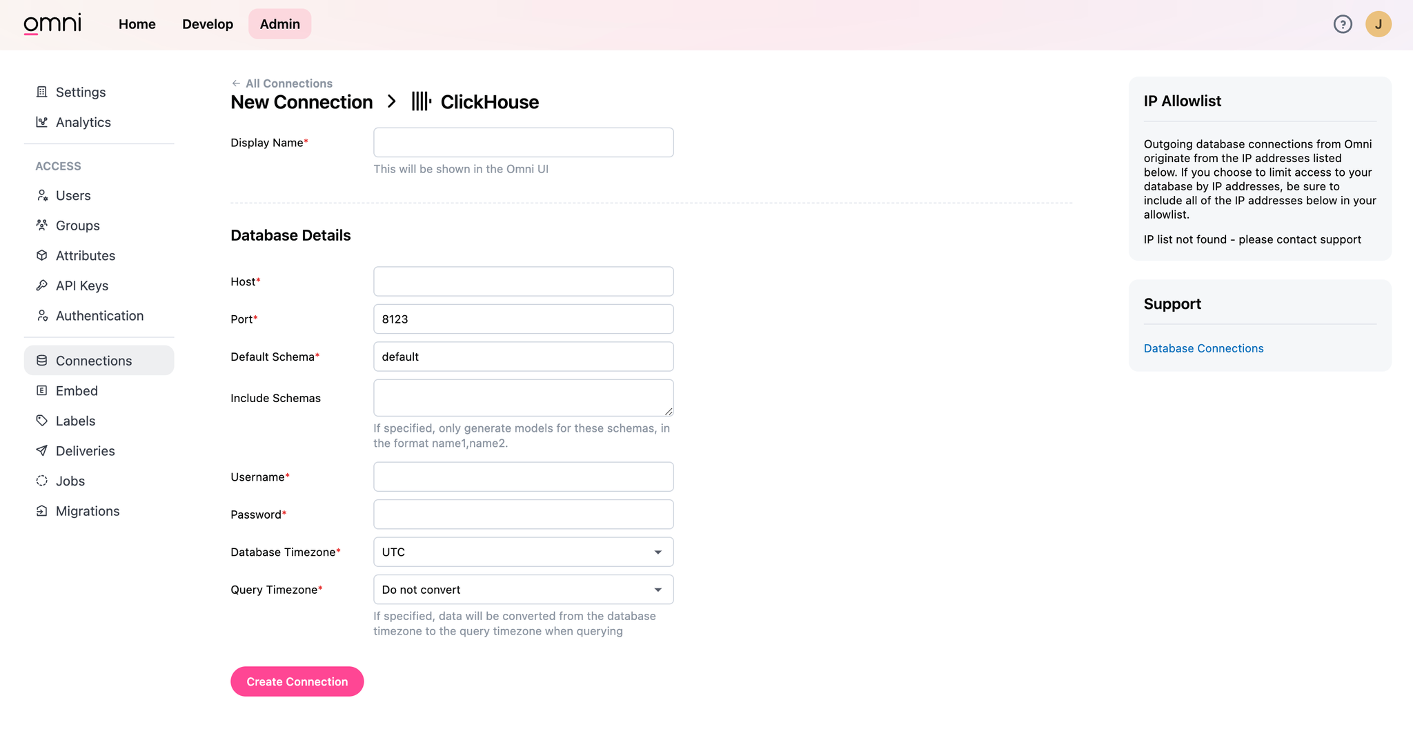 Omni connection configuration interface for ClickHouse showing credential form fields - Zoomed